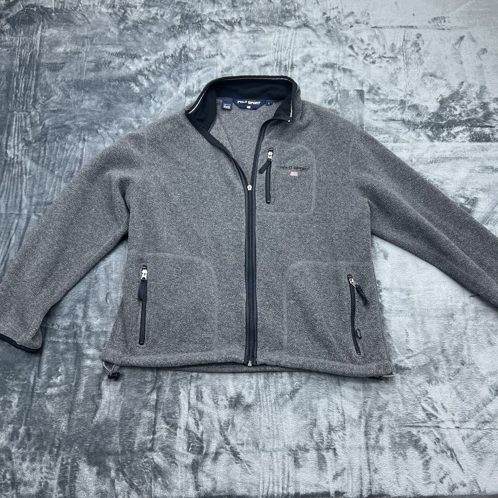 Vtg Polo Sport Ralph Laurel Flag Men's Large Grey‎ Black Fleece Zip Jacket Coat
